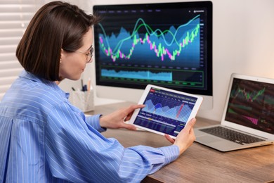 Photo of Stock exchange. Woman analysing financial market on tablet at wooden table indoors