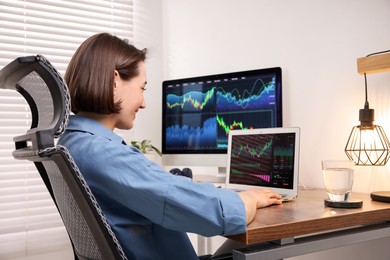 Photo of Stock exchange. Woman analysing financial market on laptop at wooden table indoors