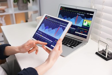 Photo of Stock exchange. Woman analysing financial market on tablet at white table indoors, closeup