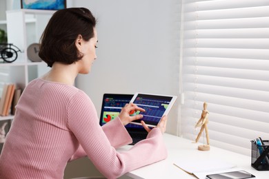 Photo of Stock exchange. Woman analysing financial market on tablet at white table indoors