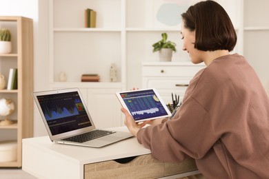 Photo of Stock exchange. Woman analysing financial market on tablet at white table indoors