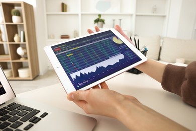 Photo of Stock exchange. Woman analysing financial market on tablet at white table indoors, closeup