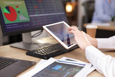 Photo of Stock exchange. Woman working at desk in office, closeup