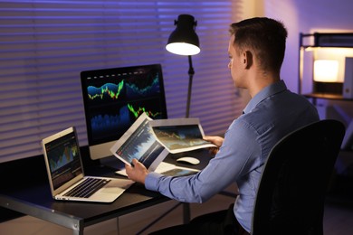 Photo of Stock exchange. Man working in office at night