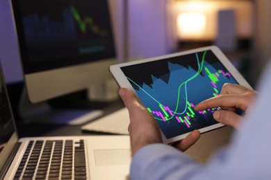 Photo of Stock exchange. Man working in office at night, closeup