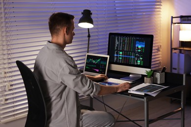 Photo of Stock exchange. Man working in office at night