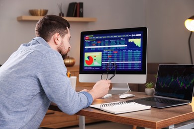 Photo of Stock exchange. Man analysing financial market on computer at desk indoors