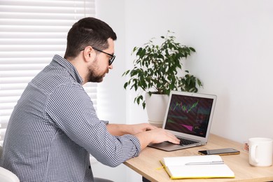 Photo of Stock exchange. Man analysing financial market on laptop at desk indoors