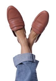 Photo of Woman wearing stylish slip-on shoes on white background, closeup