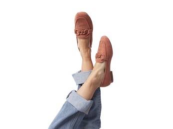 Photo of Woman wearing stylish slip-on shoes on white background, closeup