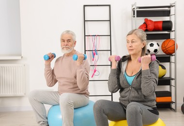 Photo of Elderly couple exercising with dumbbells and fitness balls at home