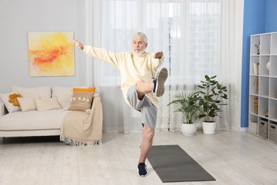 Photo of Elderly man exercising at home. Healthy leisure