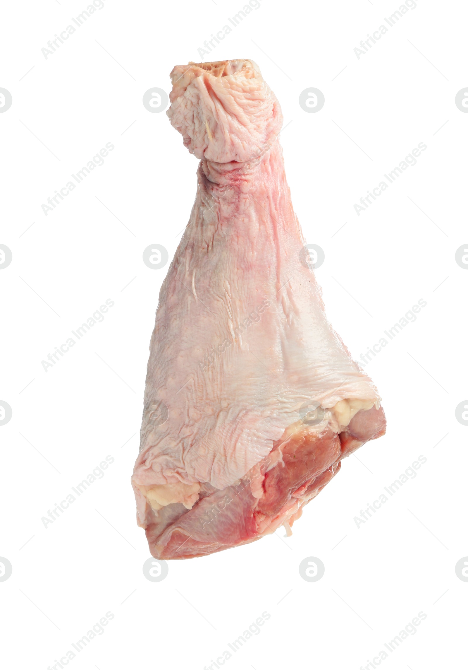 Photo of One raw turkey drumstick in air isolated on white