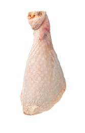 Photo of One raw turkey drumstick in air isolated on white