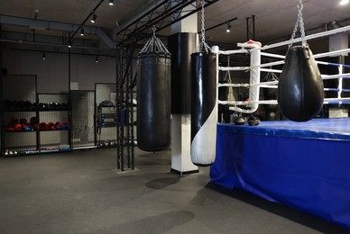 Photo of Punching bags near boxing ring indoors. Space for text