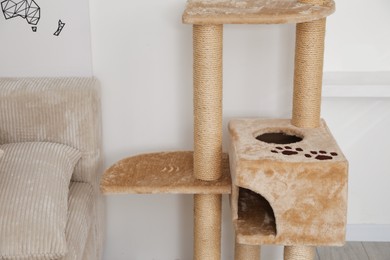 Photo of Stylish cat tree and sofa in living room, closeup