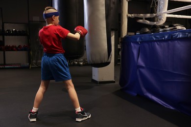 Photo of Boy in protective gloves exercising with punching bag during boxing practice at sport center. Space for text