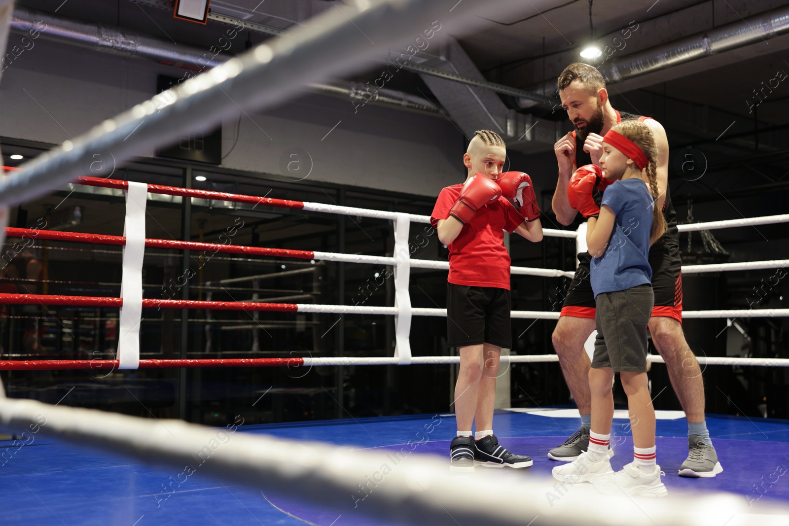 Photo of Children practicing fight on boxing ring under their coach supervision. Space for text