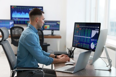 Photo of Financial trading specialist working on computer in office