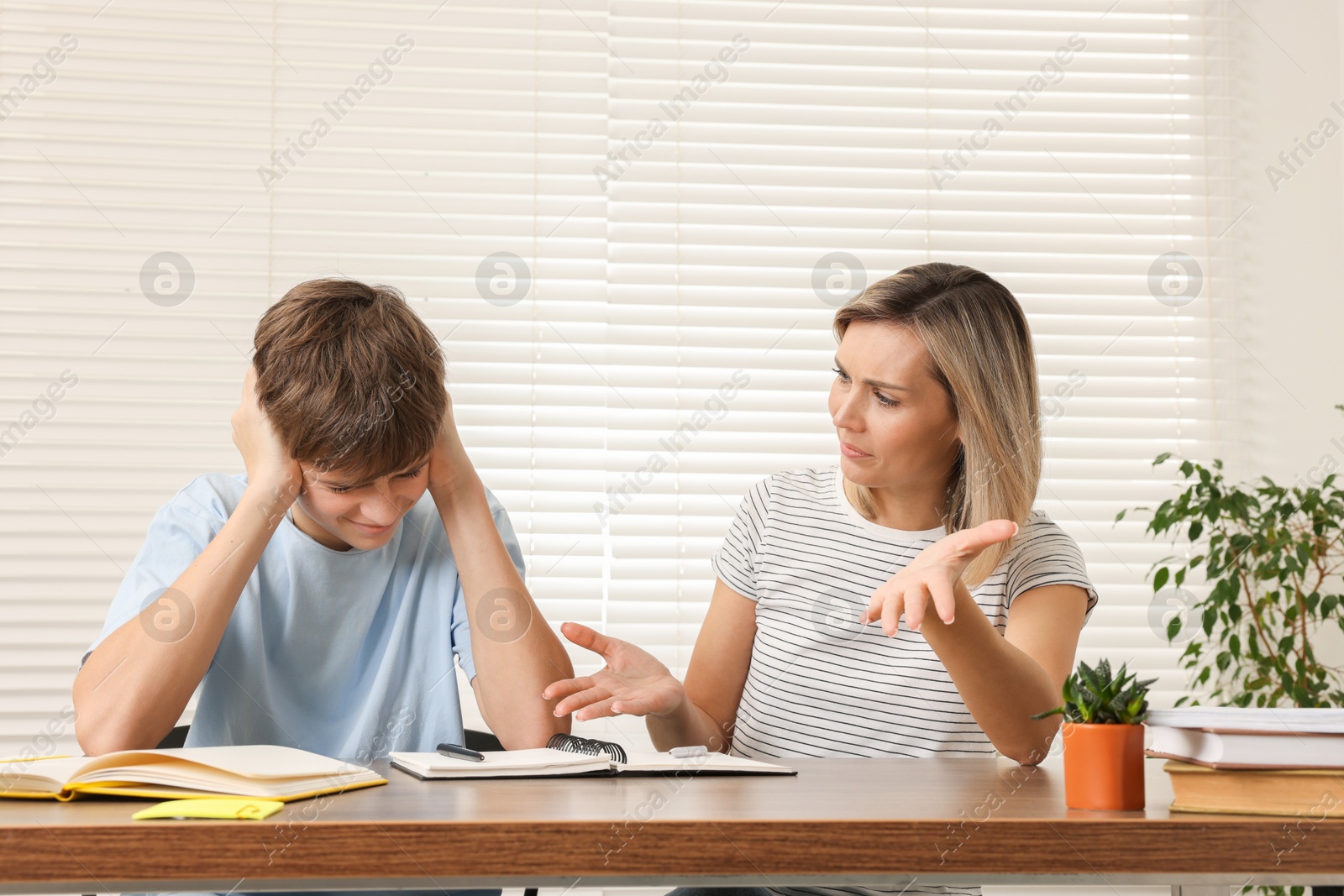 Photo of Annoyed mother and her stressful son doing homework at table indoors