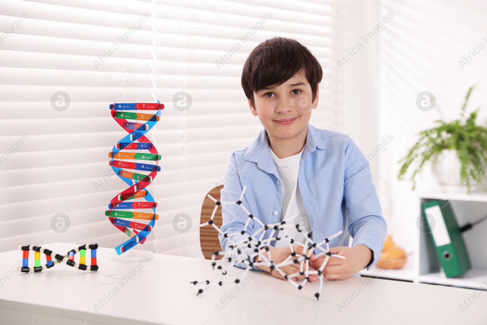 Photo of Boy with DNA structure model at desk indoors