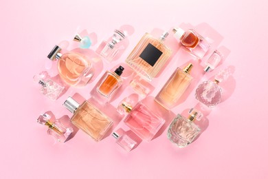 Photo of Bottles of various perfumes on pink background, flat lay