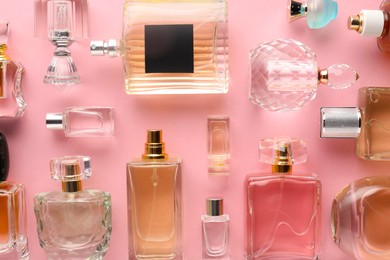 Photo of Bottles of various perfumes on pink background, flat lay