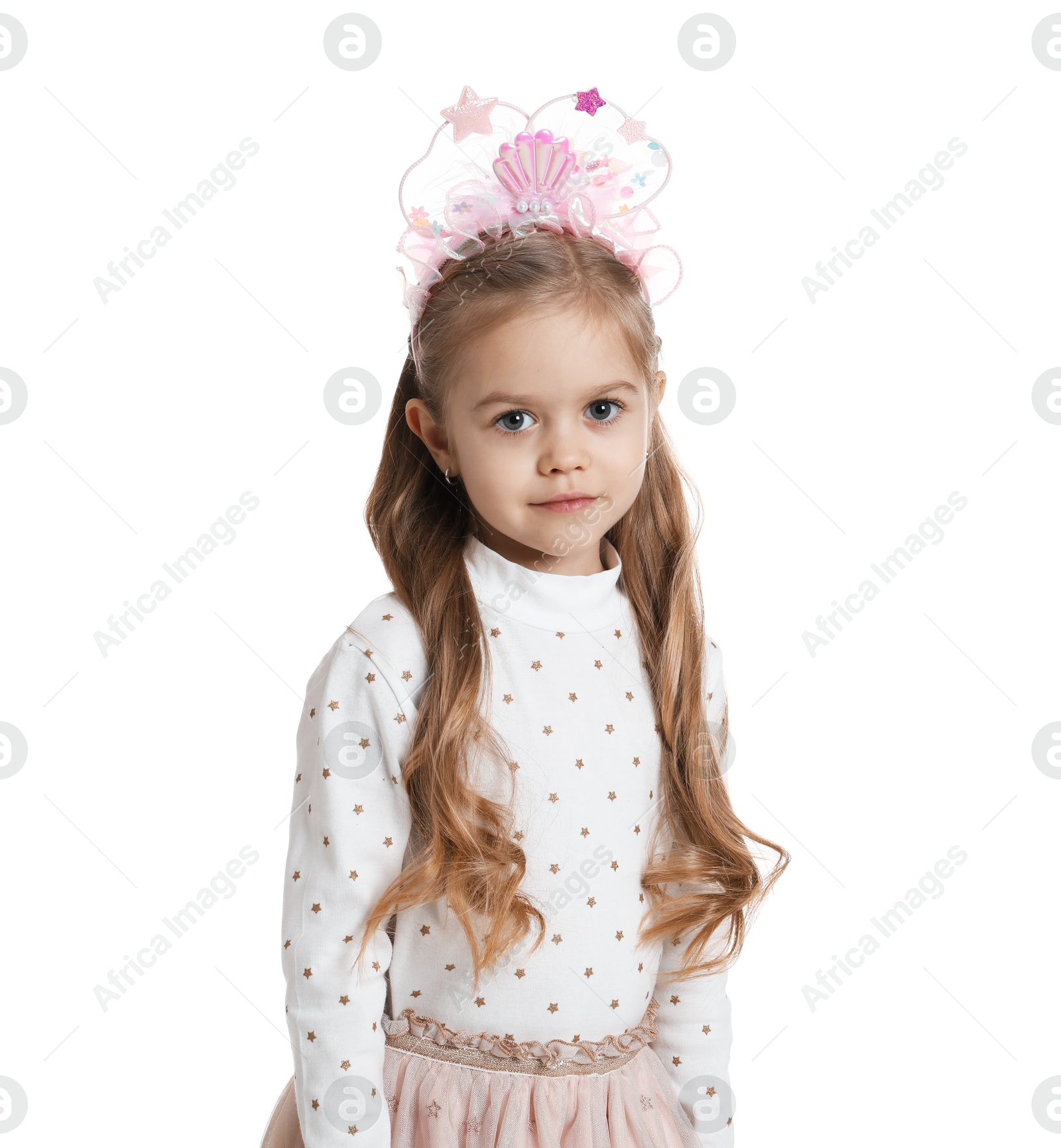 Photo of Cute little girl with beautiful headband on white background