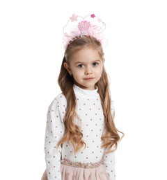 Photo of Cute little girl with beautiful headband on white background