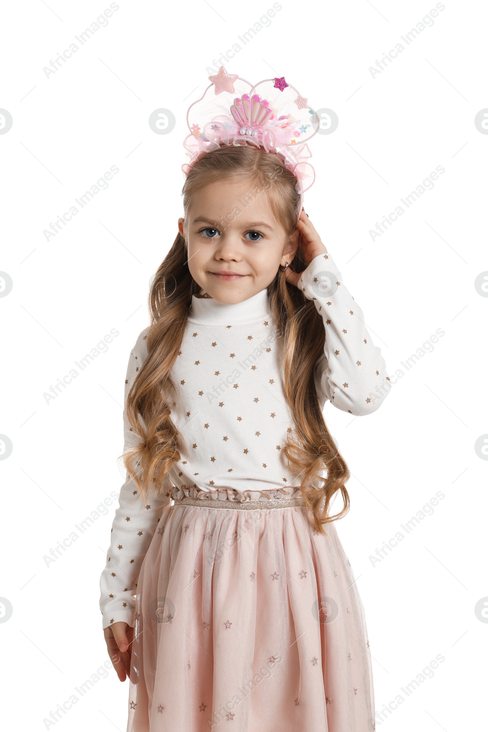 Photo of Cute little girl with beautiful headband on white background