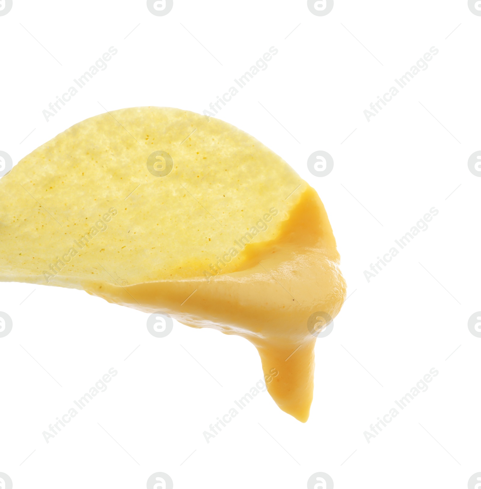 Melted cheese flowing from potato chip on white background Photo of Melted cheese flowing from potato chip on white background