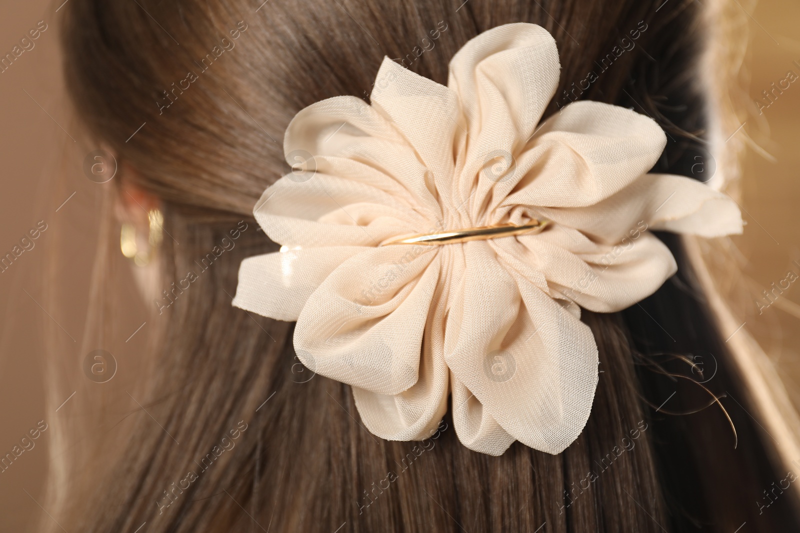 Photo of Woman with beautiful hair clip on blurred background, closeup