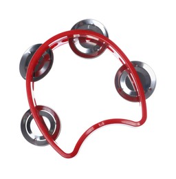 Photo of Red toy tambourine isolated on white. Child's musical instrument