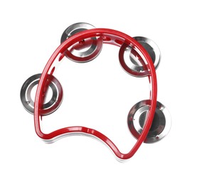 Photo of Red toy tambourine isolated on white. Child's musical instrument