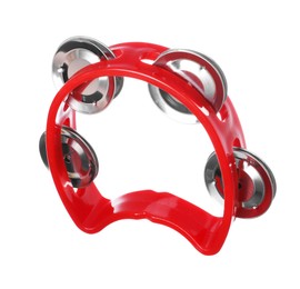 Photo of Red toy tambourine isolated on white. Child's musical instrument