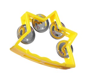 Photo of Yellow toy tambourine isolated on white. Child's musical instrument