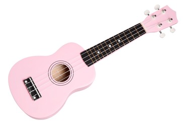 Photo of Pink toy guitar isolated on white. Child's musical instrument