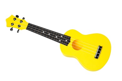 Photo of Yellow toy guitar isolated on white. Child's musical instrument