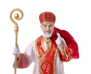 Photo of Saint Nicholas with sack on white background