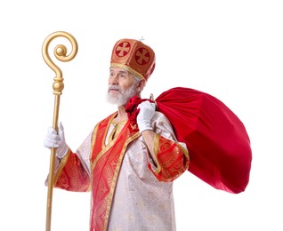 Photo of Saint Nicholas with sack on white background