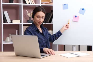 Photo of Online speaker in headset performing webinar near flip chart indoors