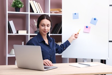 Photo of Online speaker in headset performing webinar near flip chart indoors