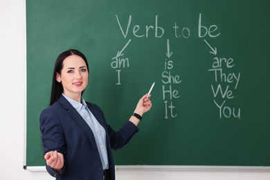 Photo of English teacher during lesson near chalkboard in classroom