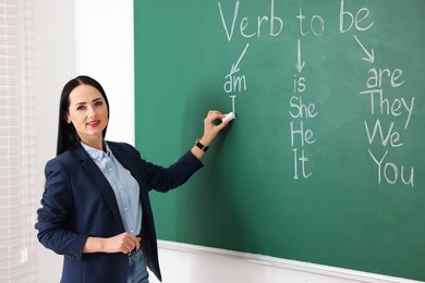 Photo of English teacher during lesson near chalkboard in classroom