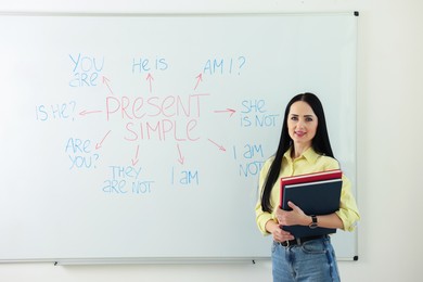 Photo of English teacher explaining Present Simple tense at whiteboard in classroom