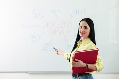 Photo of English teacher explaining Present Simple tense at whiteboard in classroom