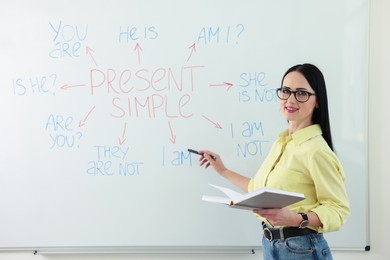 Photo of English teacher explaining Present Simple tense at whiteboard in classroom