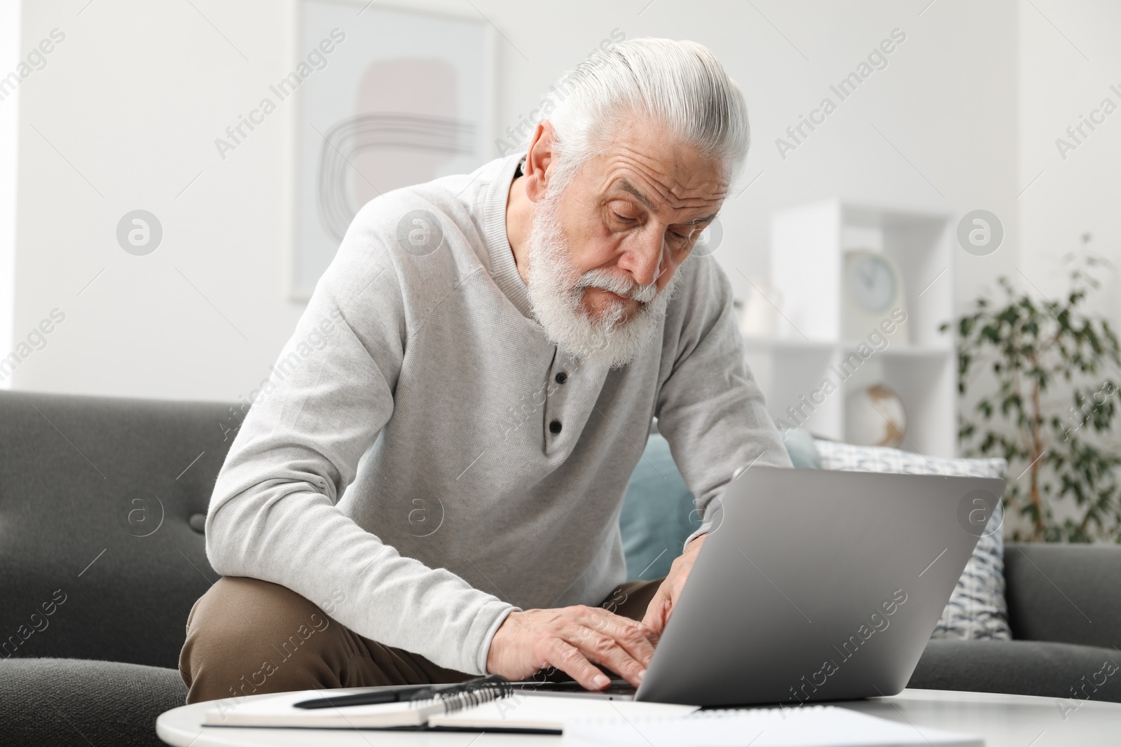 Photo of Senior man learning online using laptop at table indoors. Self-study