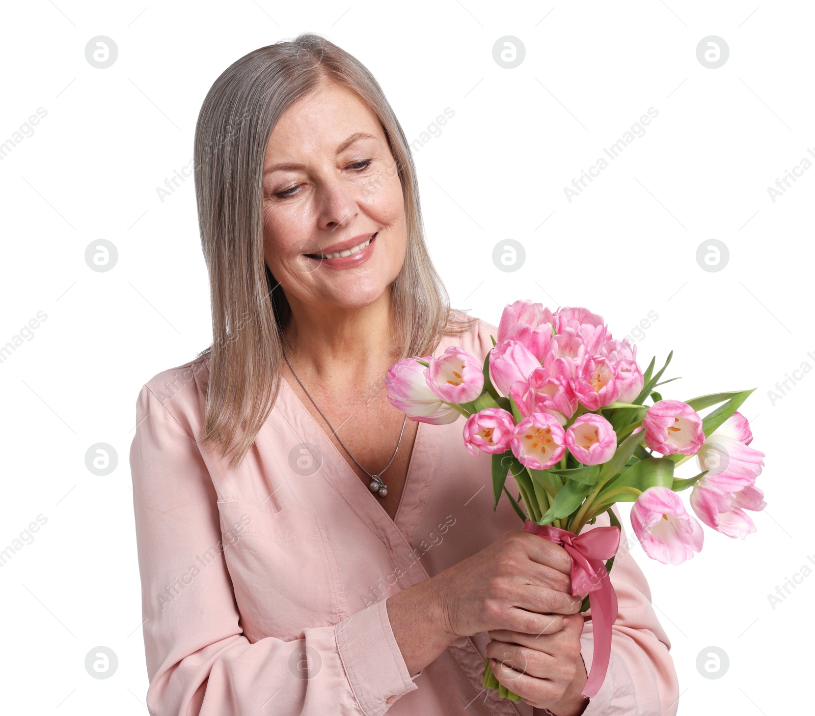 Photo of Smiling woman with bouquet of tulips on white background