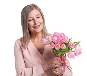 Photo of Smiling woman with bouquet of tulips on white background